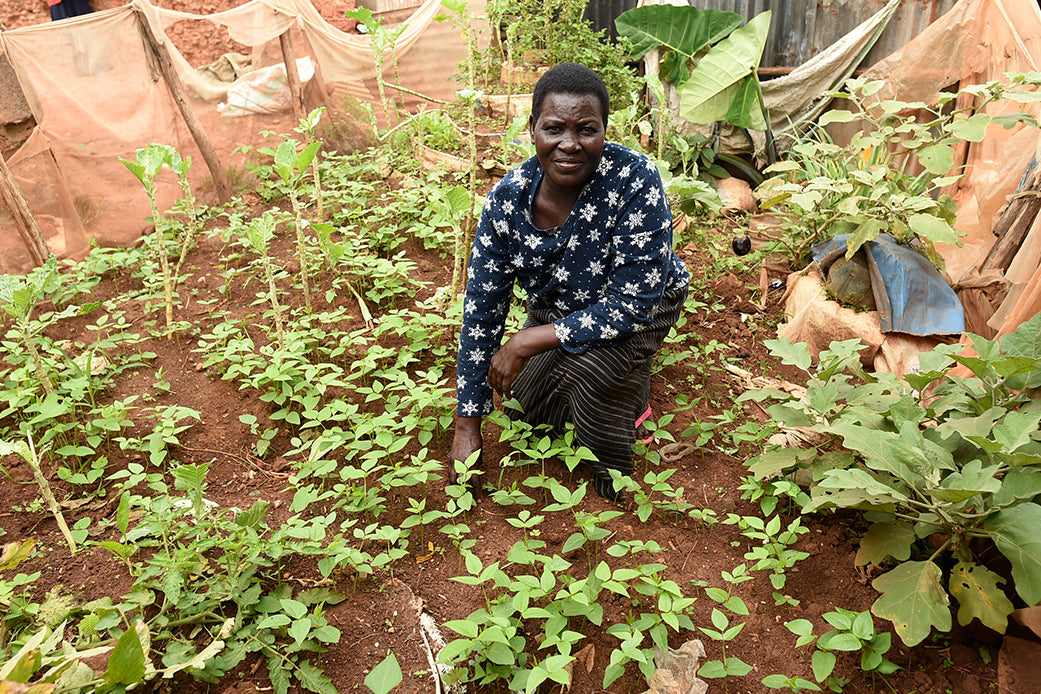 Ugandan grandmother working in vegetable garden