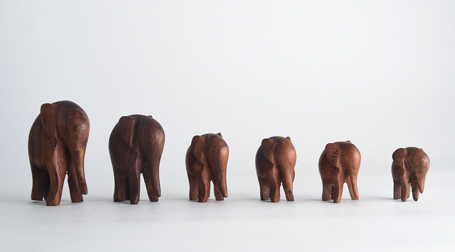 Set of 6 Hand-Carved Wooden Elephants