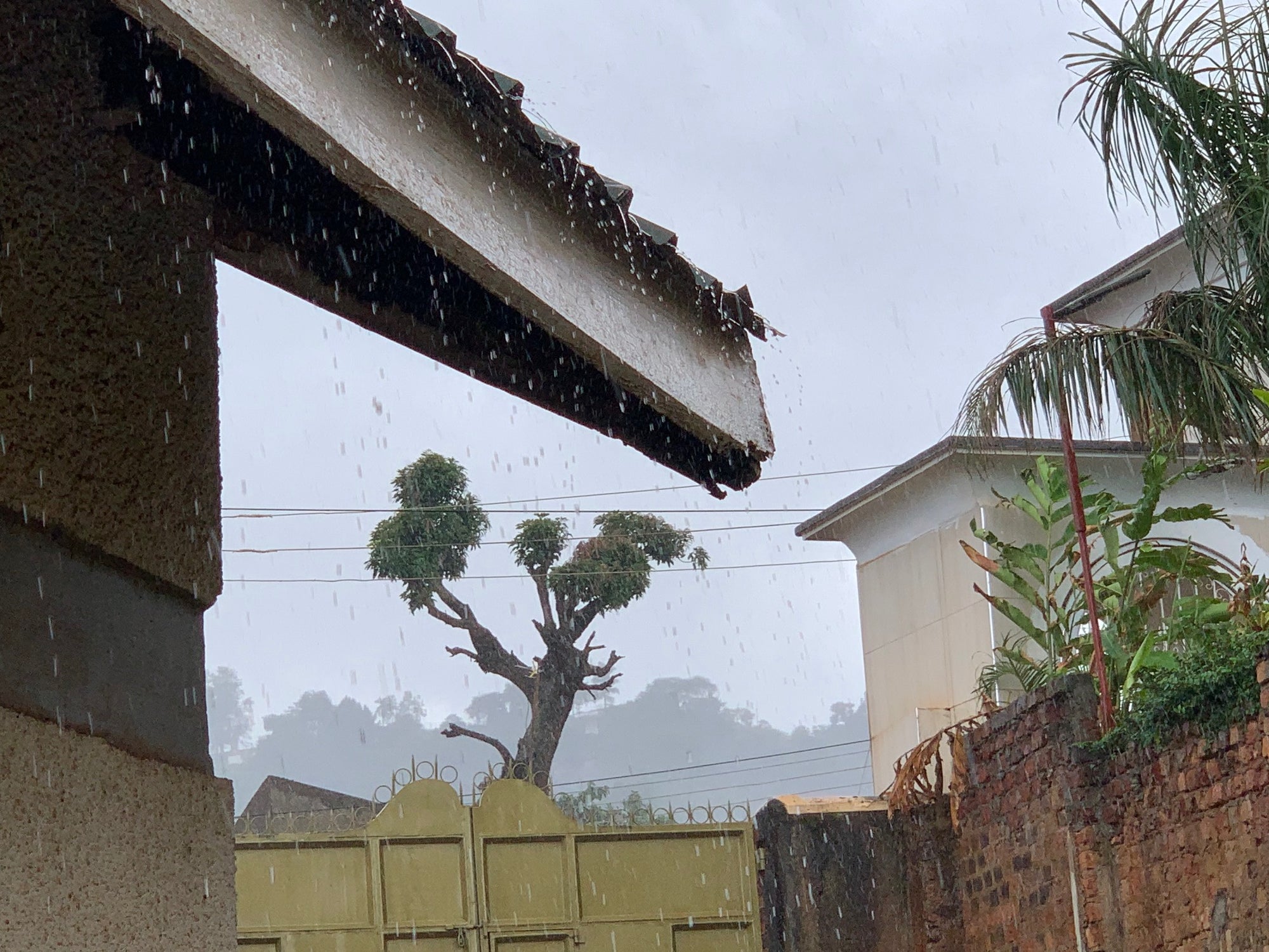 heavy rain falling off the roof of a home