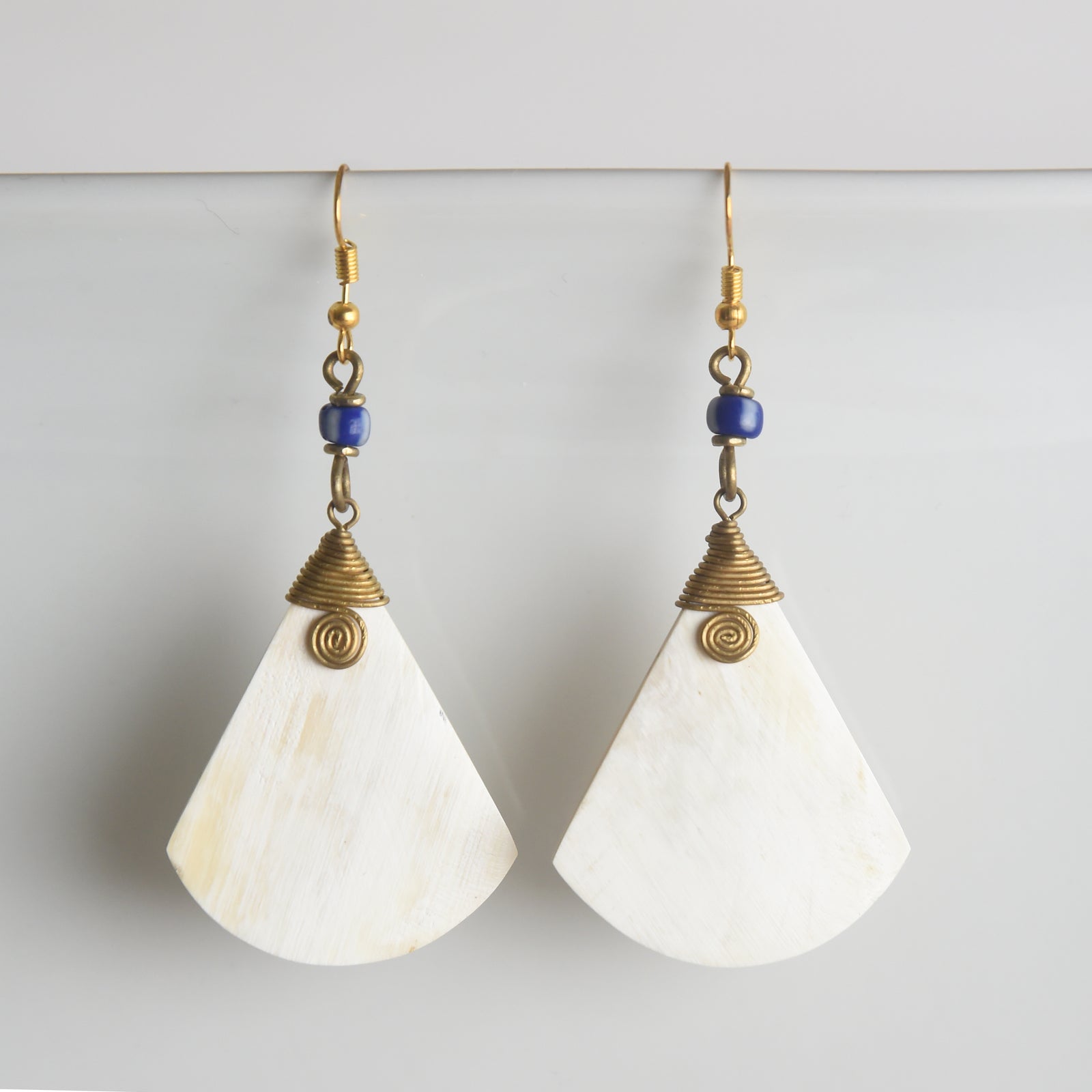 Blue Accent Cow Horn Fan Earrings