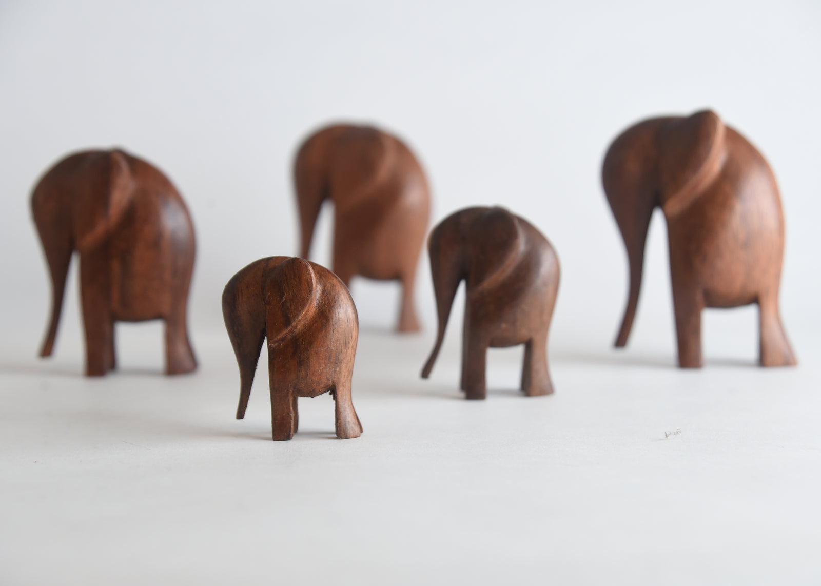 Set of 6 Hand-Carved Wooden Elephants