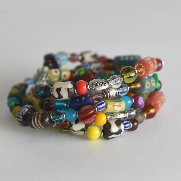 Second Chance Bracelet- Recycled Handmade Glass Bead with Colorful LP Vinyl