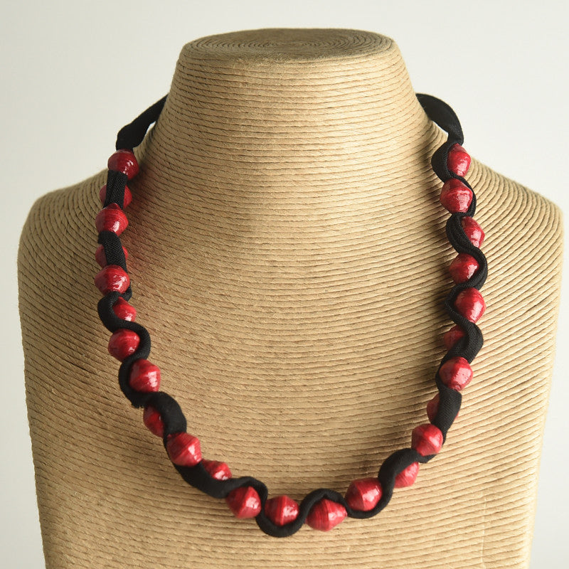 Small Paper Bead and Fabric Necklace