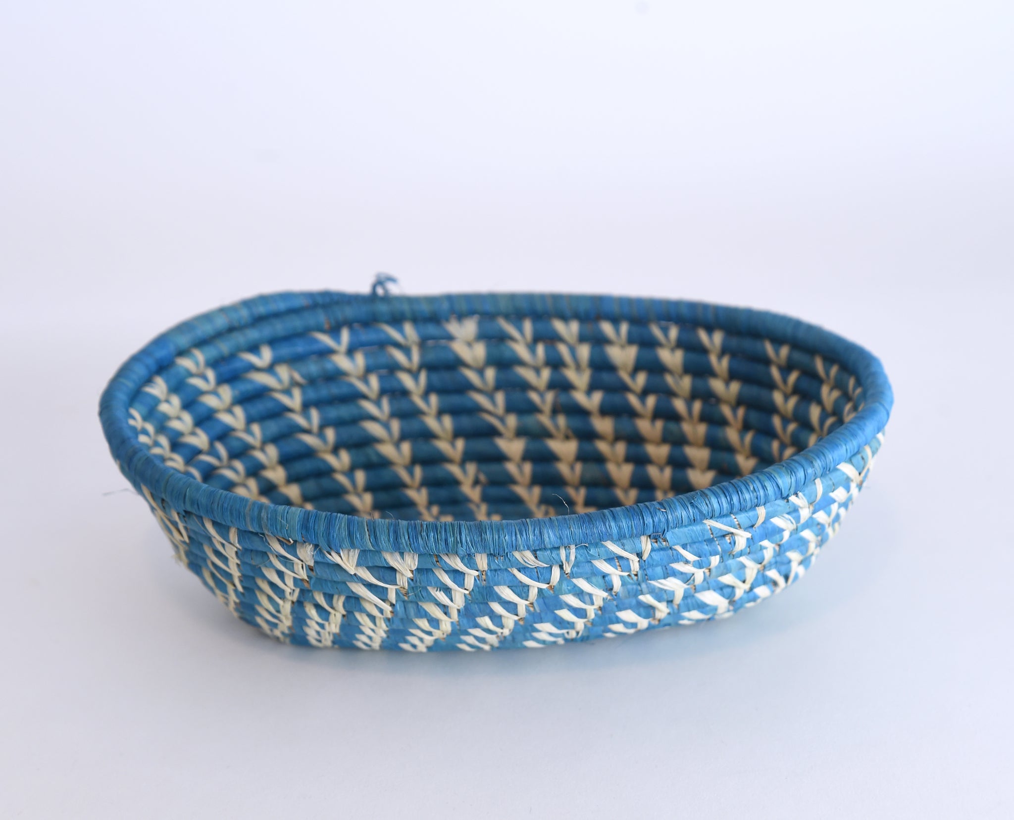 African Fair Trade Handwoven Striped Oval Knitting Basket, Silver/White